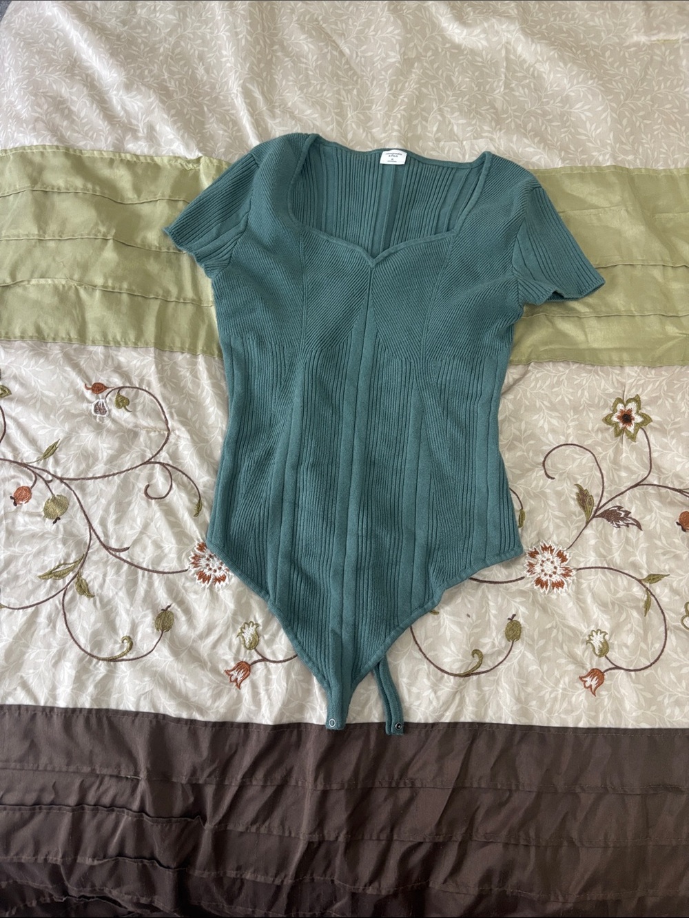Abercrombie & Fitch Ribbed Short-Sleeve Bodysuit in Teal Green